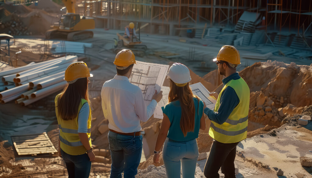 a group of construction workers are standing on a construction site