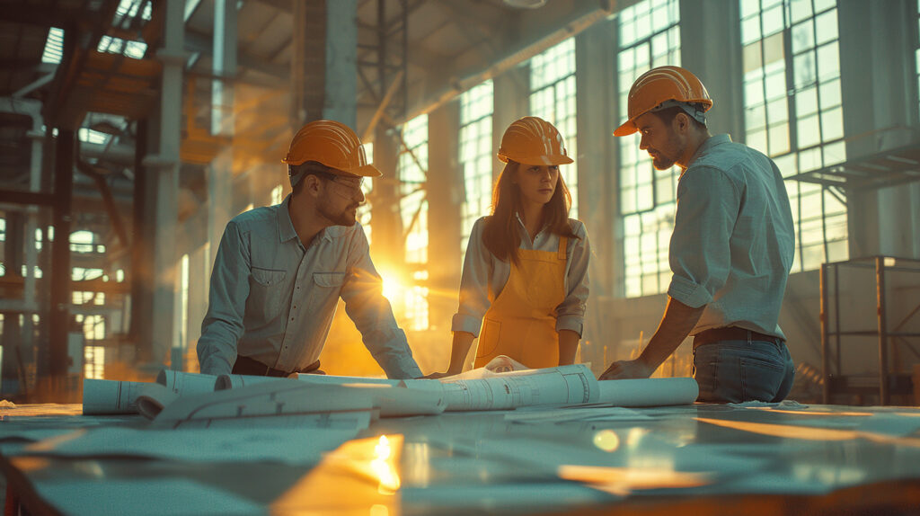 team engineers safety gear working around conference table with blueprints sunlit room
